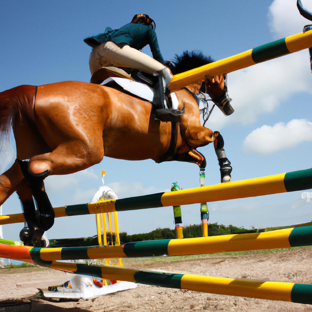 Person jumping over horse obstacle