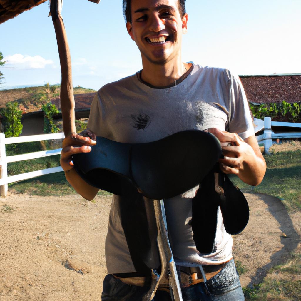 Person holding saddle accessories, smiling
