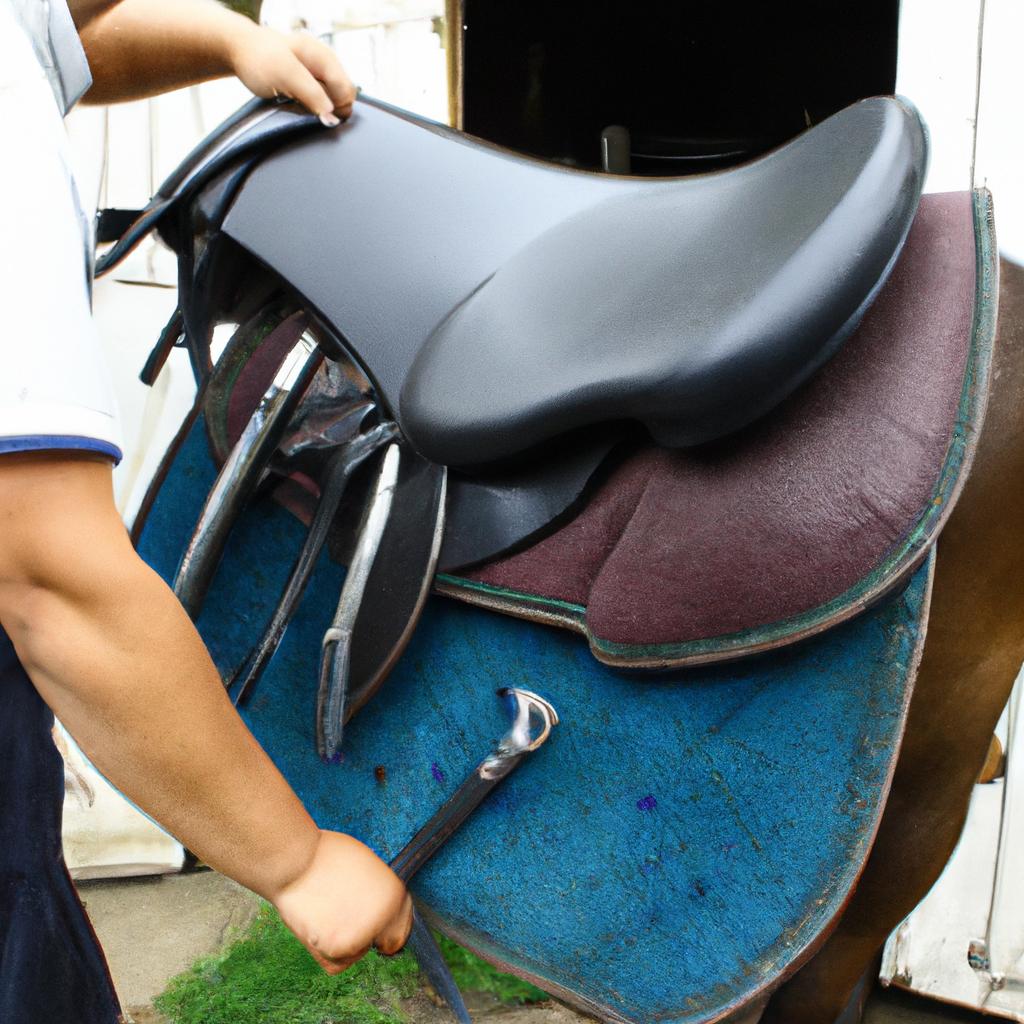 Person maintaining horse saddle equipment